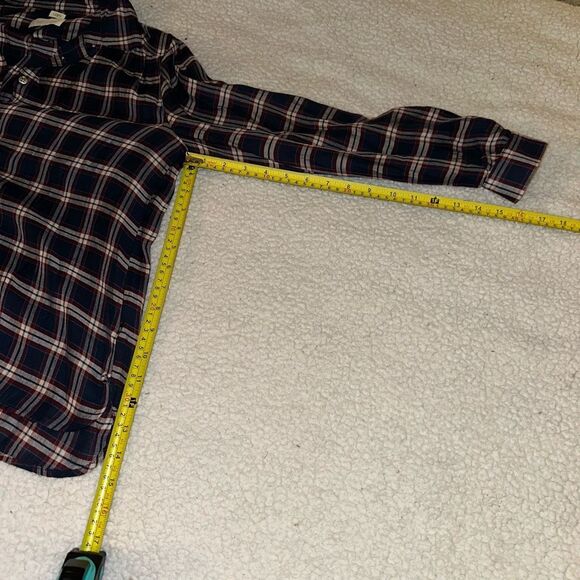 Ann Taylor LOFT SP The Softened Shirt Navy Red Plaid Half Button Collared Womens - Picture 9 of 9